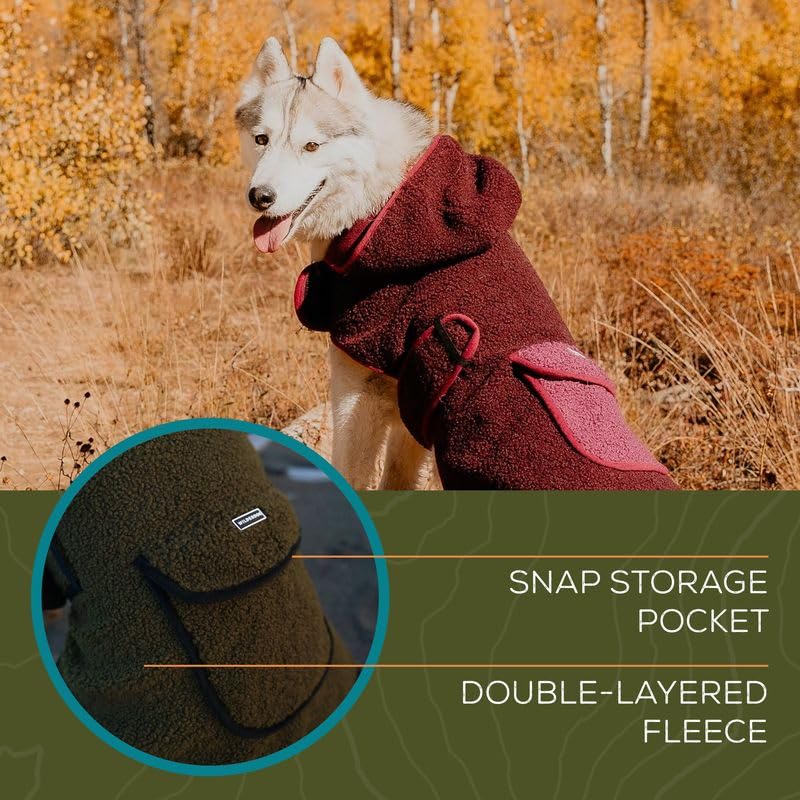 Wilderdog Double-Layered Hooded Sherpa Fleece Dog Jacket with Belly Strap, Leash Hole, Back Snap Pocket