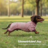 WienieDay Four-Legged Dachshund Shirt, Striped Thermal Velvet Fleece, Adjustable Back Fit, Stretchy Cozy Outfit for Mini Dachshunds & Small/Medium Dogs (Pink, Small(7-11lbs))