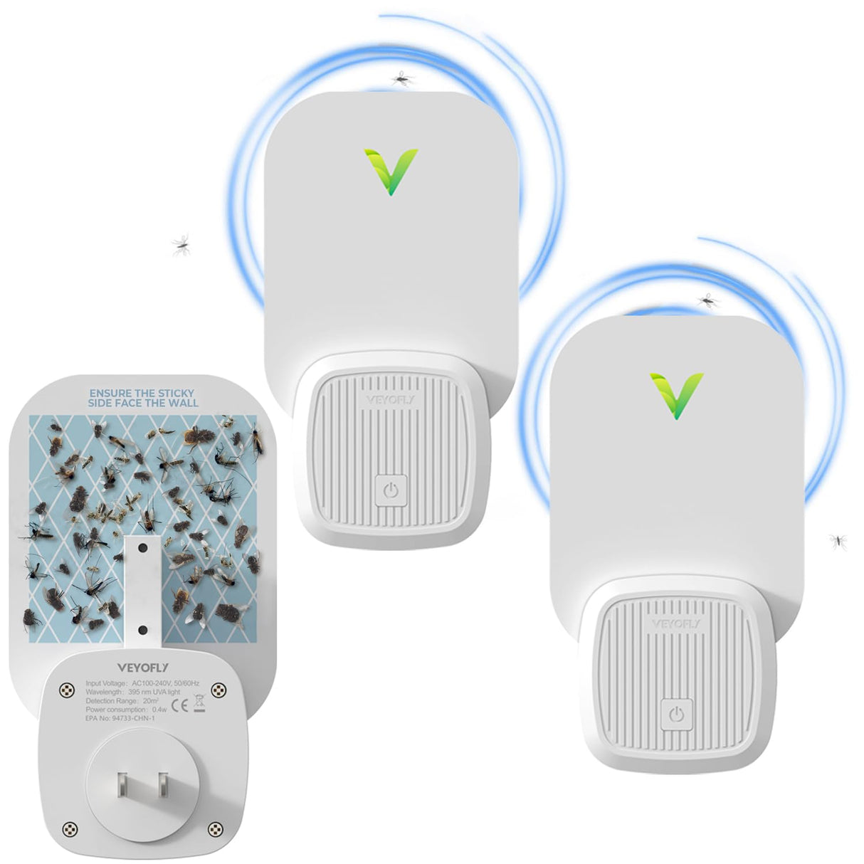 VEYOFLY, Flying Insect Trap, Insect Catcher, Indoor Fly Trap, Safer Home, Fruit Fly Traps for Gnat, Moth, Mosquito, Bug Light Plug in Insect Killer (2 Device + 6 Glue Cards)