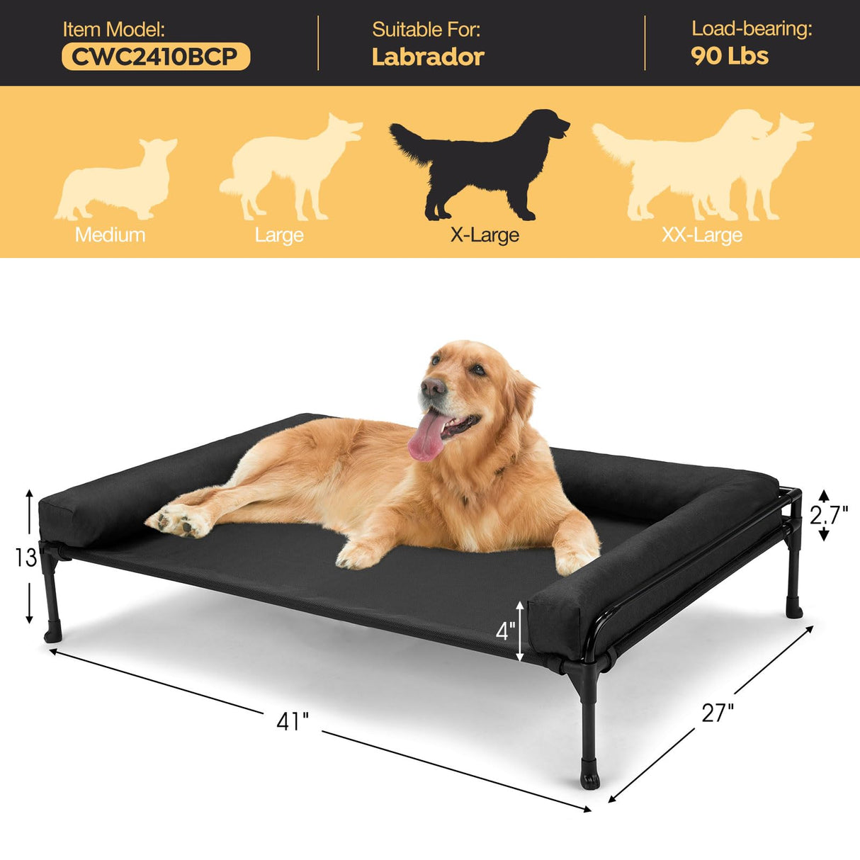 Veehoo Elevated Raised Dog Bed-Cooling Outdoor Dog Cot Bed for Large Sized Dogs Three-Sided Fence Raised Pet Cot with Mesh & No-Slip Feet Dog Hammock Bed with Removable Bolster-41 x 27" Black