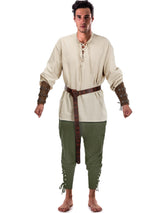 Jiuguva 4 Pcs Halloween Men's Renaissance Costume Set Medieval Pirate Shirt Ankle Banded Pants Viking Belt Accessories (Stylish Color,X-Large)