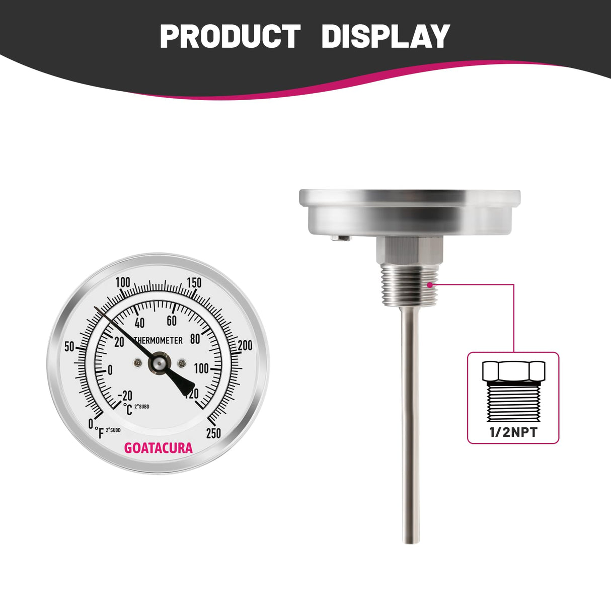 GOATACURA Bimetal Thermometer, Full Stainless Steel, 3" Dial Size, 4" Stem, 1/2" NPT Back Mount, 0-250 Deg F/-20-120 Deg C, 1% Accuracy