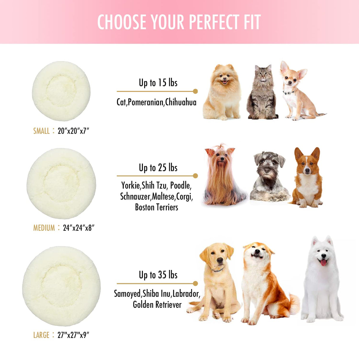 Raimaiso Anti Anxiety Round Fluffy Plush Faux Fur Warm Washable Dog Bed & Cat Bed, Original Bed for Small Medium Large Pets,Used to Relieve Joints and Improve Sleep（20"/24"/27''） (27", White)
