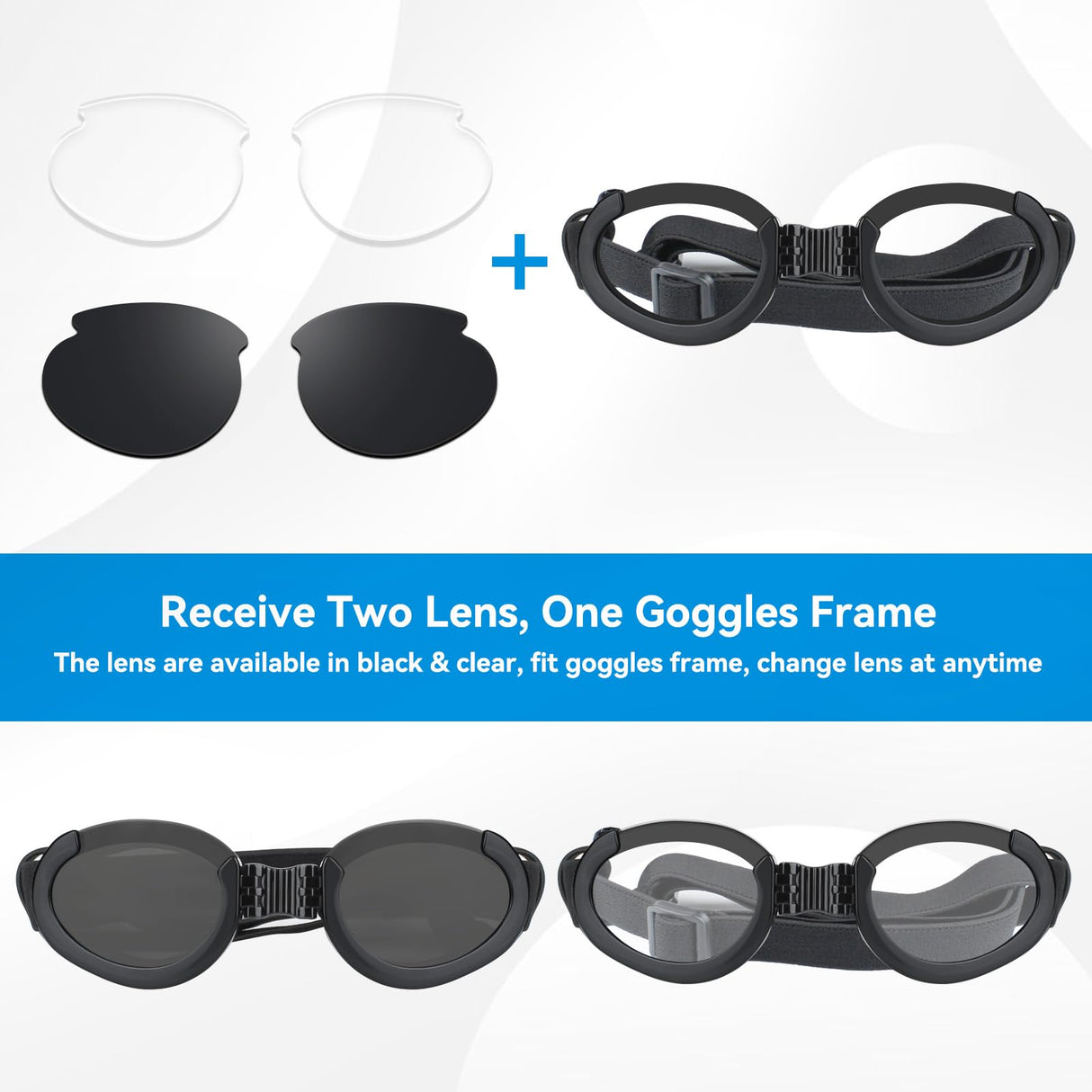 Lesypet Dog Goggles with Replaceable Lenses for Medium Large Breed, Anti-UV Wind Protection Dog Sunglasses Outdoor Motorcycling Driving Eye Protection Pet Sunglasses, Black