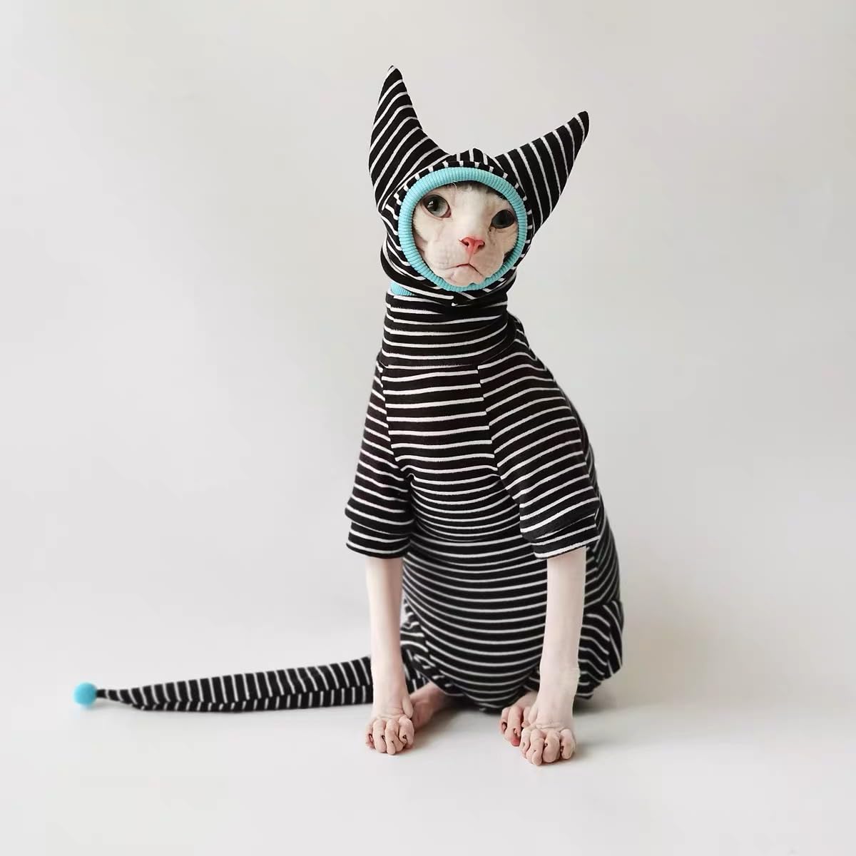 SNIXfever Sphynx Cat Clothes Black Stripe Breathable Shirts Suit, Pet Hat and Shirt Set (X-Large)