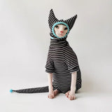 SNIXfever Sphynx Cat Clothes Black Stripe Breathable Shirts Suit, Pet Hat and Shirt Set (X-Large)