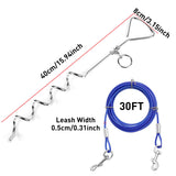 Dog Tie Out Cable and Anti Rust Spiral Stake , 30ft Outside Leash&Chain for Camping and Yard, 16'' Heavy Duty for Medium-Large Dogs Up to 125 lbs (30FT, Blue)