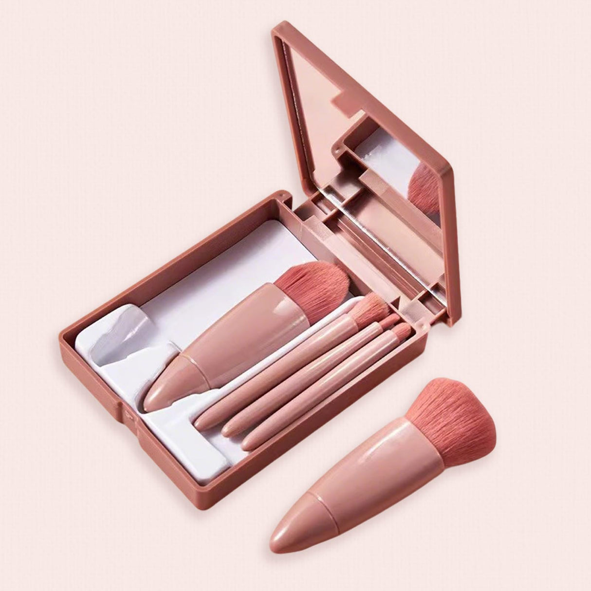 5pc Makeup Brush Set with Mirror & Storage Box – Portable Multifunctional Powder/Blush Brush, Mini Foundation & Eyeshadow Brushes for On - the - Go Beauty Touch - Ups