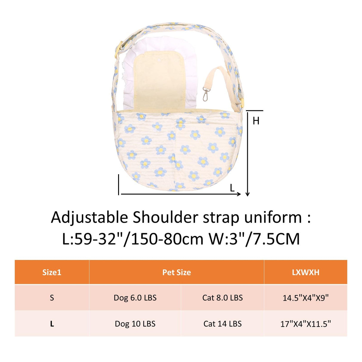 Floral Print Pet Carrier Bag for Small Dogs and Cats, Carry 5-15 Lbs Pet Purse, Hands-Free Design Pet Bags(Blue Floral, Small)