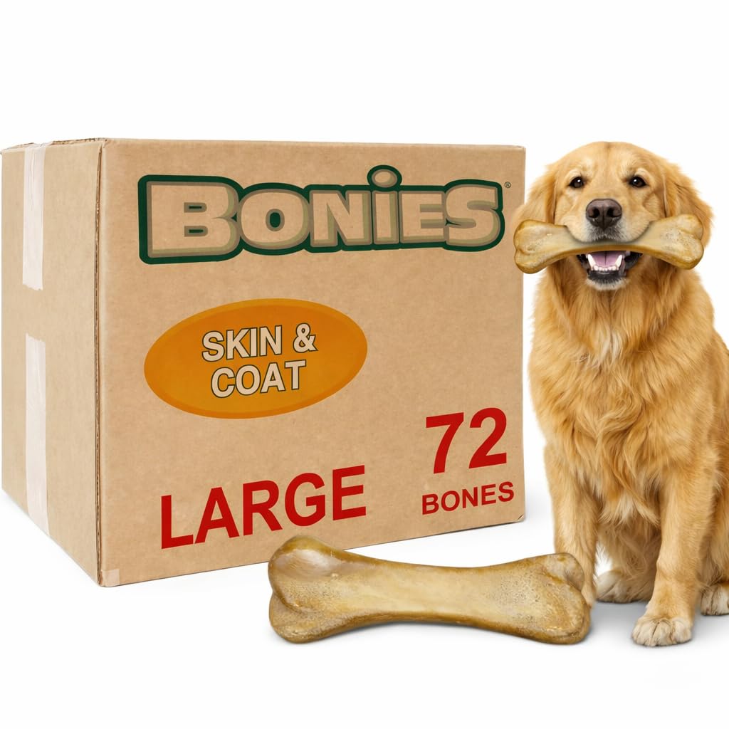 Bonies Natural Skin & Coat Formula Large-Sized Single Bone - Promote Silky Coat & Healthy Skin, Healthy Teeth & Fresh Breath, Low Calories - Chicken Flavor, [Large Dogs], 72 Bones