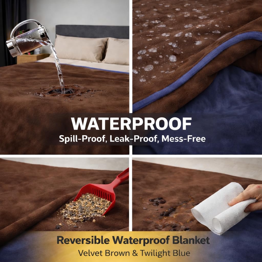 Bedding Aid Waterproof Blanket for Bed, Couch, Kids & Pets Protection – Splash-Proof, Spill-Proof, Leakproof Flannel Blanket Reversible Design (Velvet Brown & Twilight Blue, 60x80)