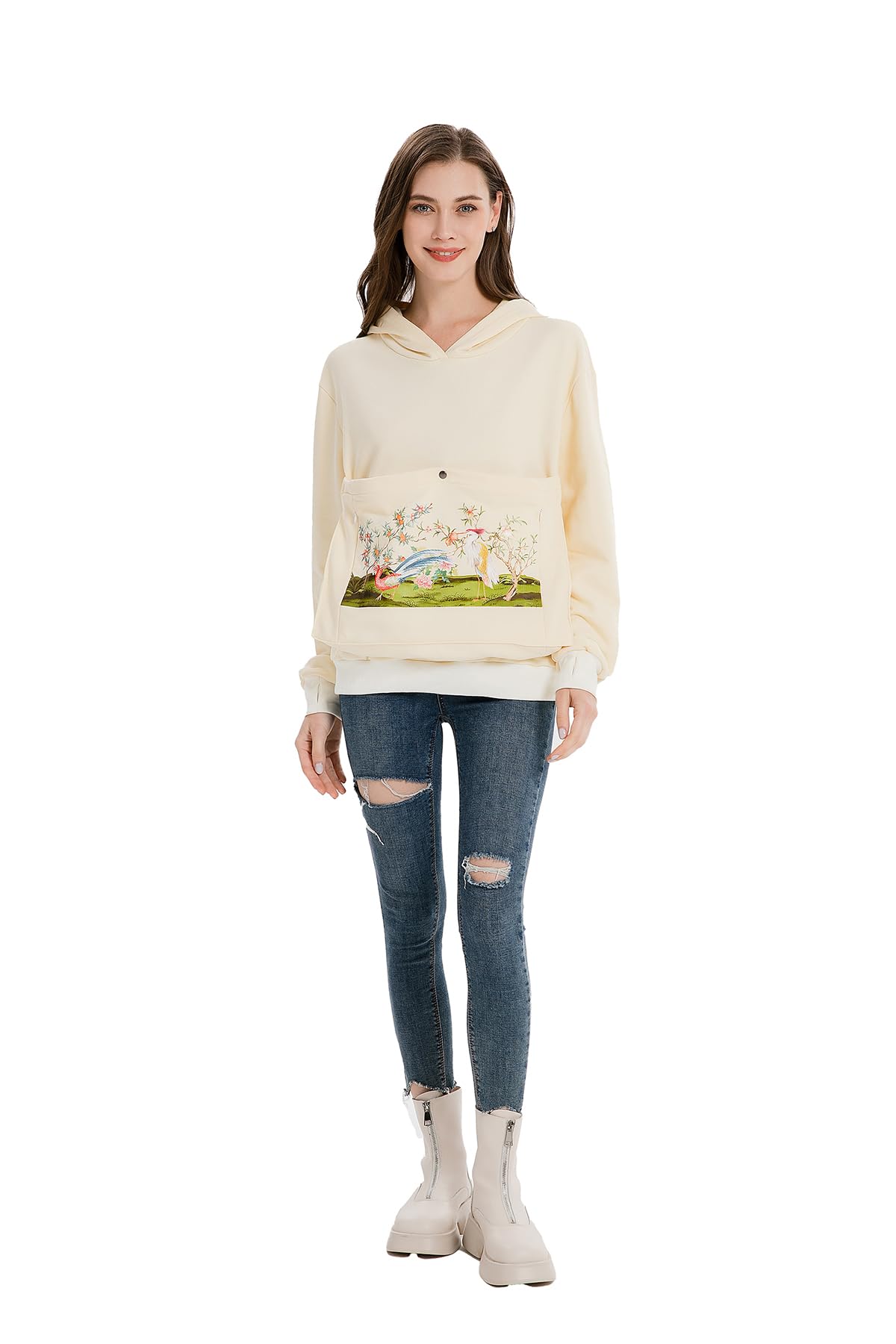 ALYC Cat Dog Carrier Hoodie Big Pet Pouch Sweatshirt Puppy Kitten Holder Pullover Top Graphic Print Kangaroo Hoodies Beige