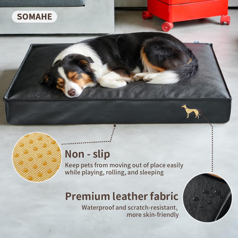 SOMAHE Dog Bed Medium Size Dog Orthopedic Beds for Small Dogs with Removable Washable PU Leather Cover Waterproof Black 35.4×27.5×4inch