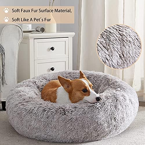 WNPETHOME Calming Dog Bed & Cat Bed,Small Dog Bed Donut Design Faux Fur Anti-Anxiety Dog Bed,Fluffy Pet Cushion Dog Bed for Small Dogs and Cats (20 x 20 inch, Light Coffee)