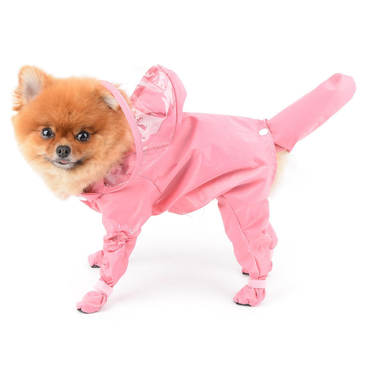 SMALLLEE_LUCKY_STORE Cute Raincoat for Small Dogs with Hood and Boots Detachable Tail Puppy Botton Down Rain Jacket Full Boby 4 Leg Jumpsuit Waterproof Lightweight Clothes,Pink,S