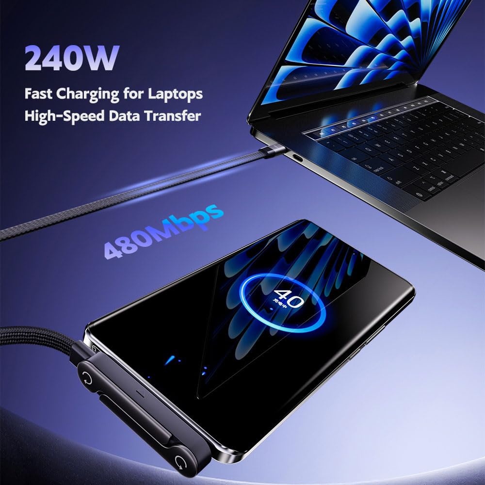 USB C to USB C Cable， 240W Fast Charging Cable 5 FT，Invisible Stand Charging Cable，Flat USB c Cable,USB c Cable Right Angle，for iPhone 17 Series, Samsung Galaxy S25 S24 Ultra etc (Black)
