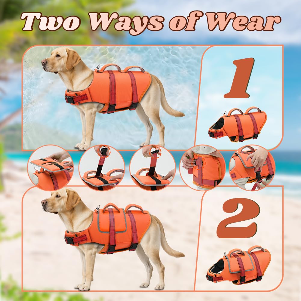 EMUST Dog Life Jacket, Thickened Dog Life Vests for Medium Large Dogs with Added Layer, Reflective Pet Life Preserver Floats for Pool Boating Swimming, Orange, M