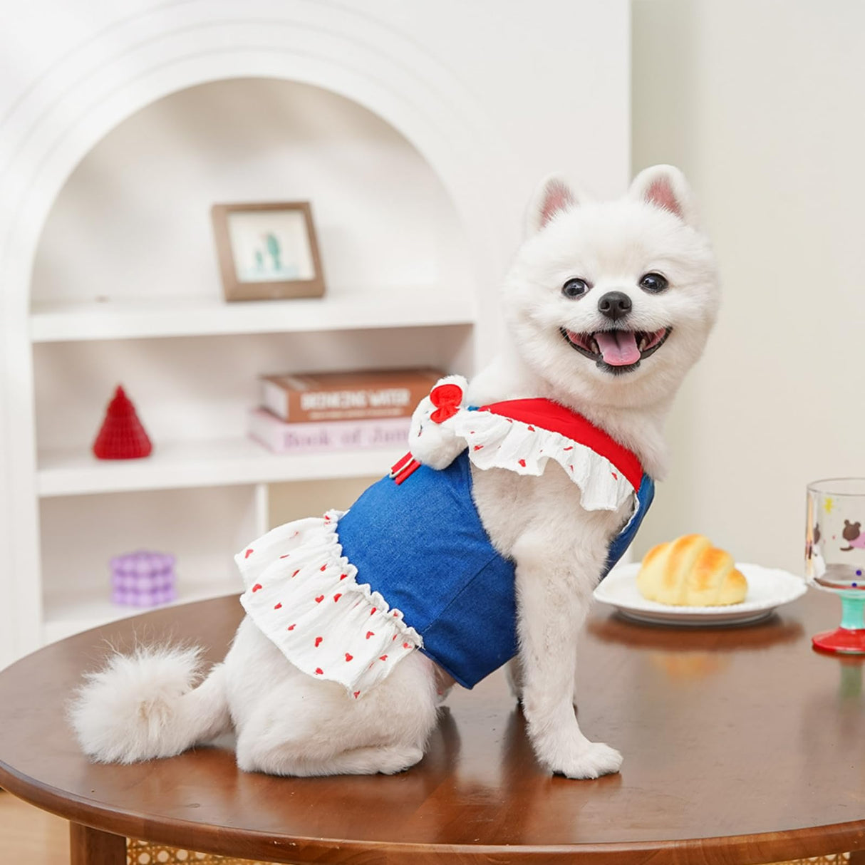 Layheld Cat Puppy Costume Strawberry Dress with Leash Polka Dot Puff Sleeve Design Dog Cat Accessories Multiple Sizes for Cat Small Dog (Blue Pink,Large)