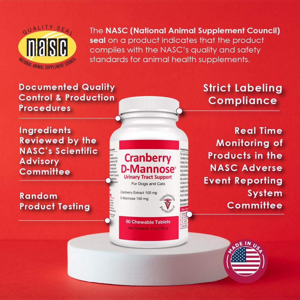 Cranberry D-Mannose Urinary Tract Supplement for Dogs & Cats – Bladder & UTI Health Support – Cranberry Extract, D-Mannose & Vitamin C–Promotes Urinary Wellness & Kidney Function – 60 Chewable Tablets