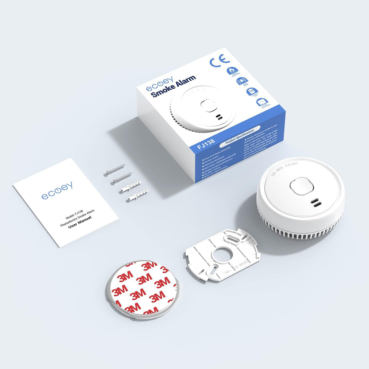 Ecoey Smoke Detector, Smoke Alarm with Advanced Photoelectric Technology, Fire Alarm Smoke Detector with Test Button and Low Battery Reminder, Fire Alarm Used in Bedroom, Home, FJ138, 1 Pack