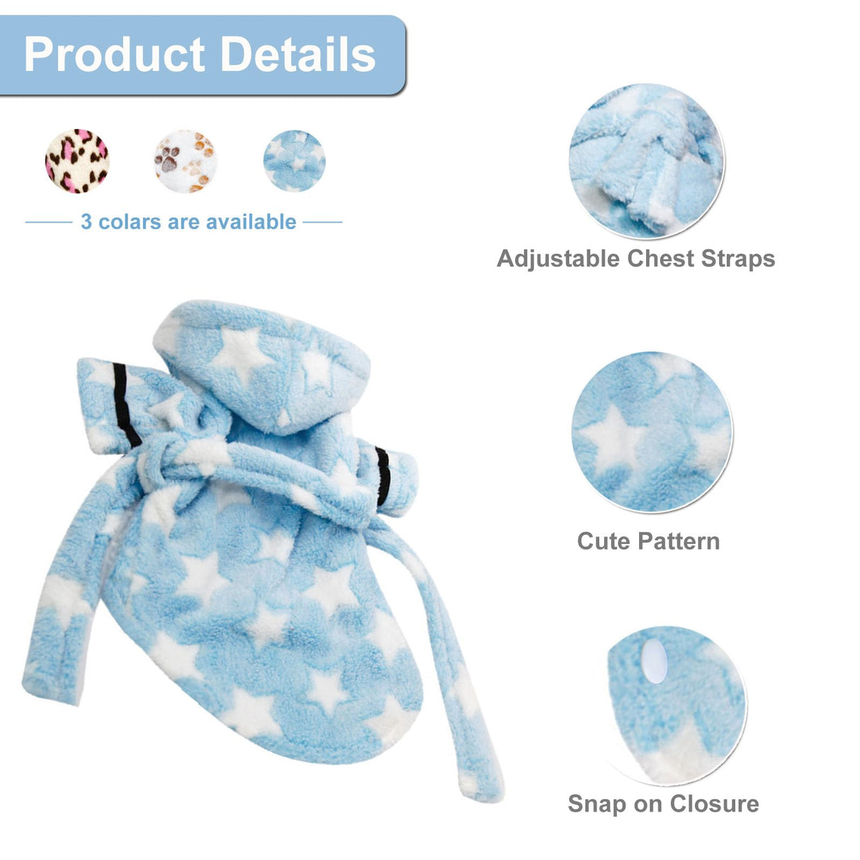 Small Dog Bathing Towel, Adjustable Dog Bath Robe for Cold Weather, Puppy Pajamas Warm Flannel Dogs Pjs, Pet Coats for Small Dogs Blue Stars M