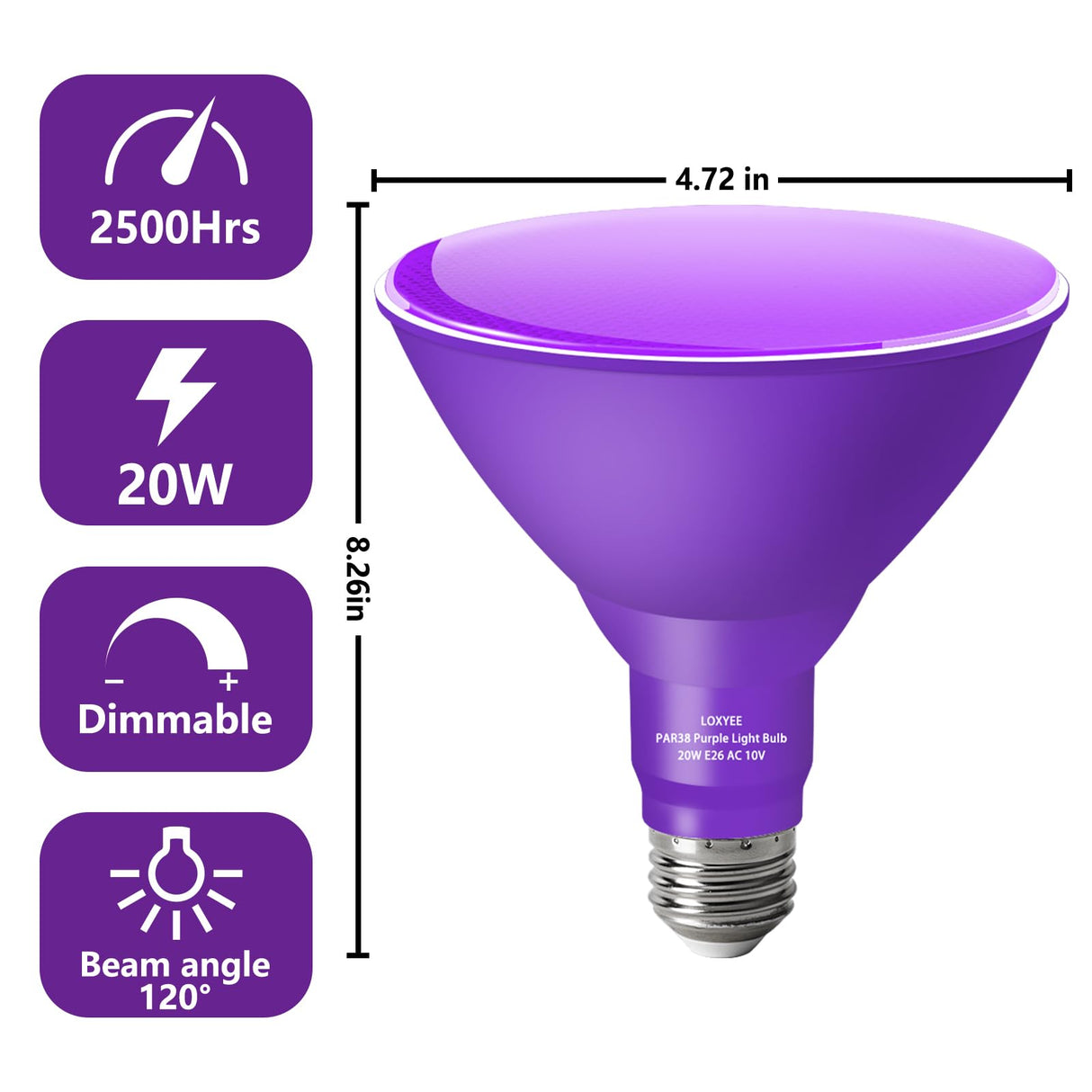 LOXYEE PAR38 Flood Purple Light Bulb,4 Pack-Dimmable,E26 Base Purple Flood Light Outoor(20W Replace to 200W),Purple Light Bulb for Outside,Purple Decor,Christmas,Holiday,Halleween Outdoor Light Bulb