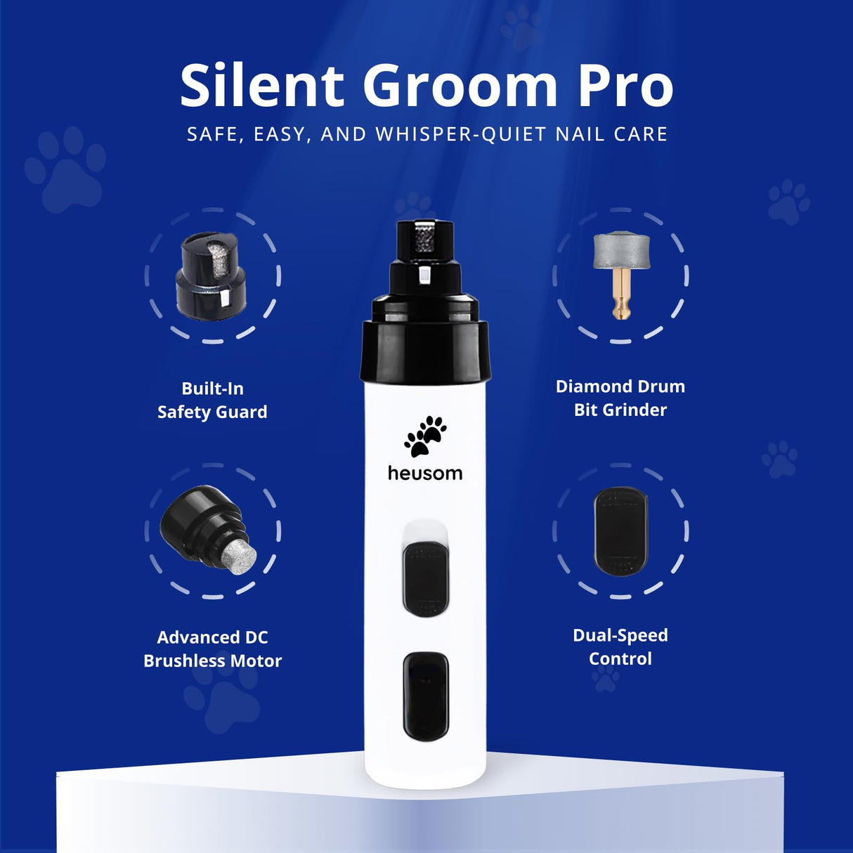 Heusom Silent Groom Pro Pet Nail Grinder | Whisper Quiet Claw Trimmer for Dogs, Cats and Other Animals | Safe & Stress Free Nail Grooming, Ideal for Sensitive Dogs of All Breeds & Sizes