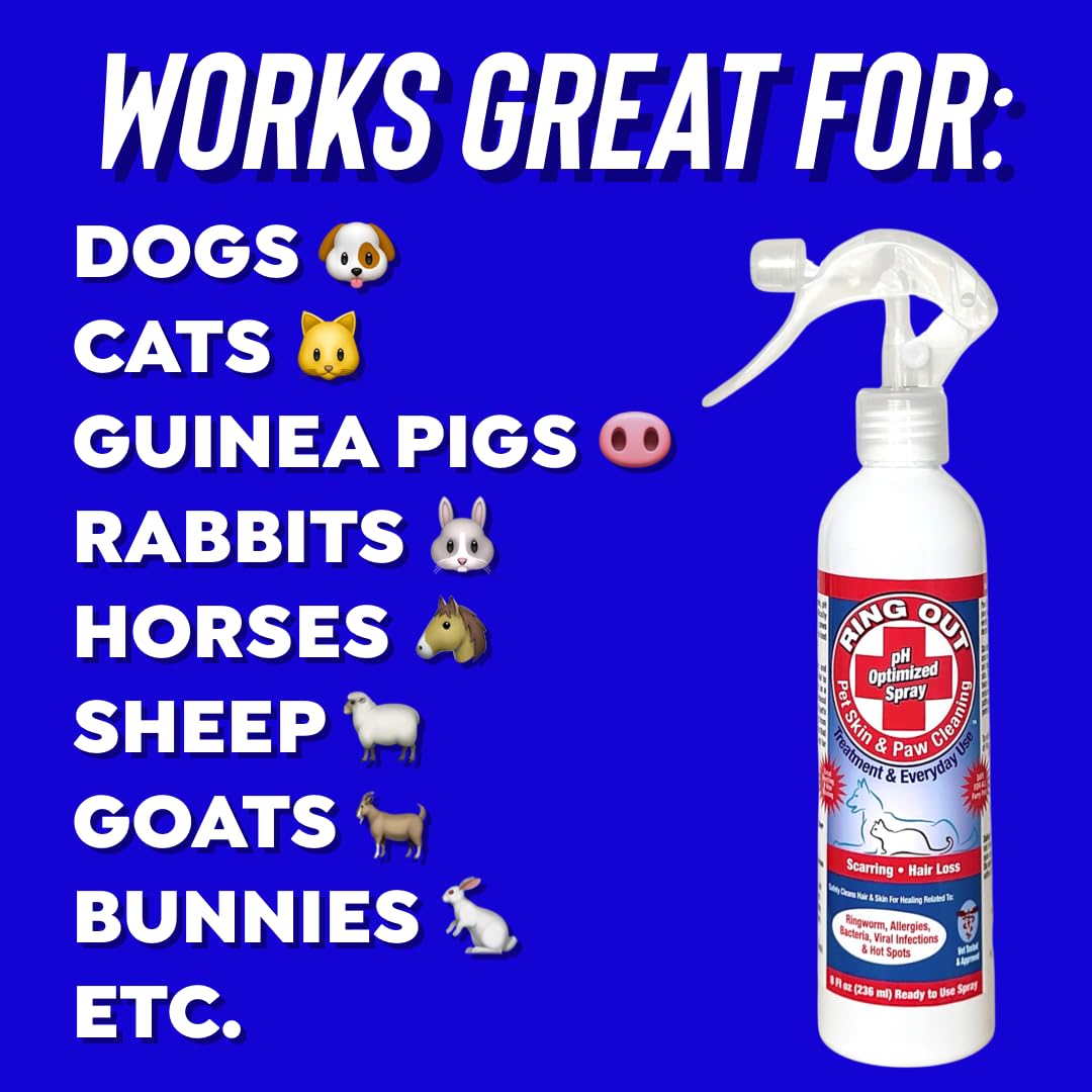 Ring Out for Pets: Control & Help Ringworm | Clean Pets Skin & Paws | Recovery & Itch Relief Calming Spray for Dog, Cat, Guinea Pig, Small or Large Animals/Pet. (Empty Applicator Bottle Included)