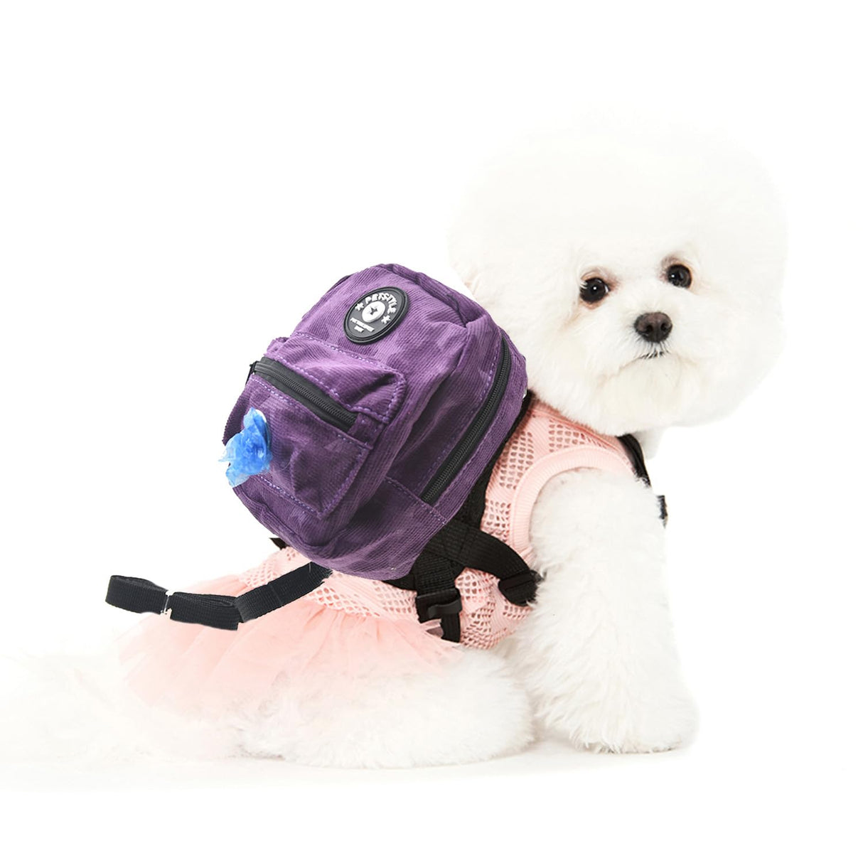 FLAdorepet Dog Backpack Harness with Leash, Dog Poop Bag Dispenser, Pet Self Carrier Adjustable Travel Hiking Walking Harness Backpack for Small Medium Dogs (L(Fit:10-15lb), Purple)