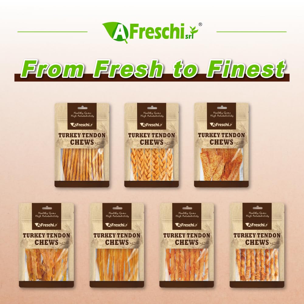 A Freschi srl Turkey Tendons for Dogs, Healthy Dog Treats, Rawhide-Free Puppy Chews, All Natural, Hypoallergenic Dog Treats, USA-Sourced Dog Snack, Dog Biscuit, Braided Sticks, 3.5 oz Pack
