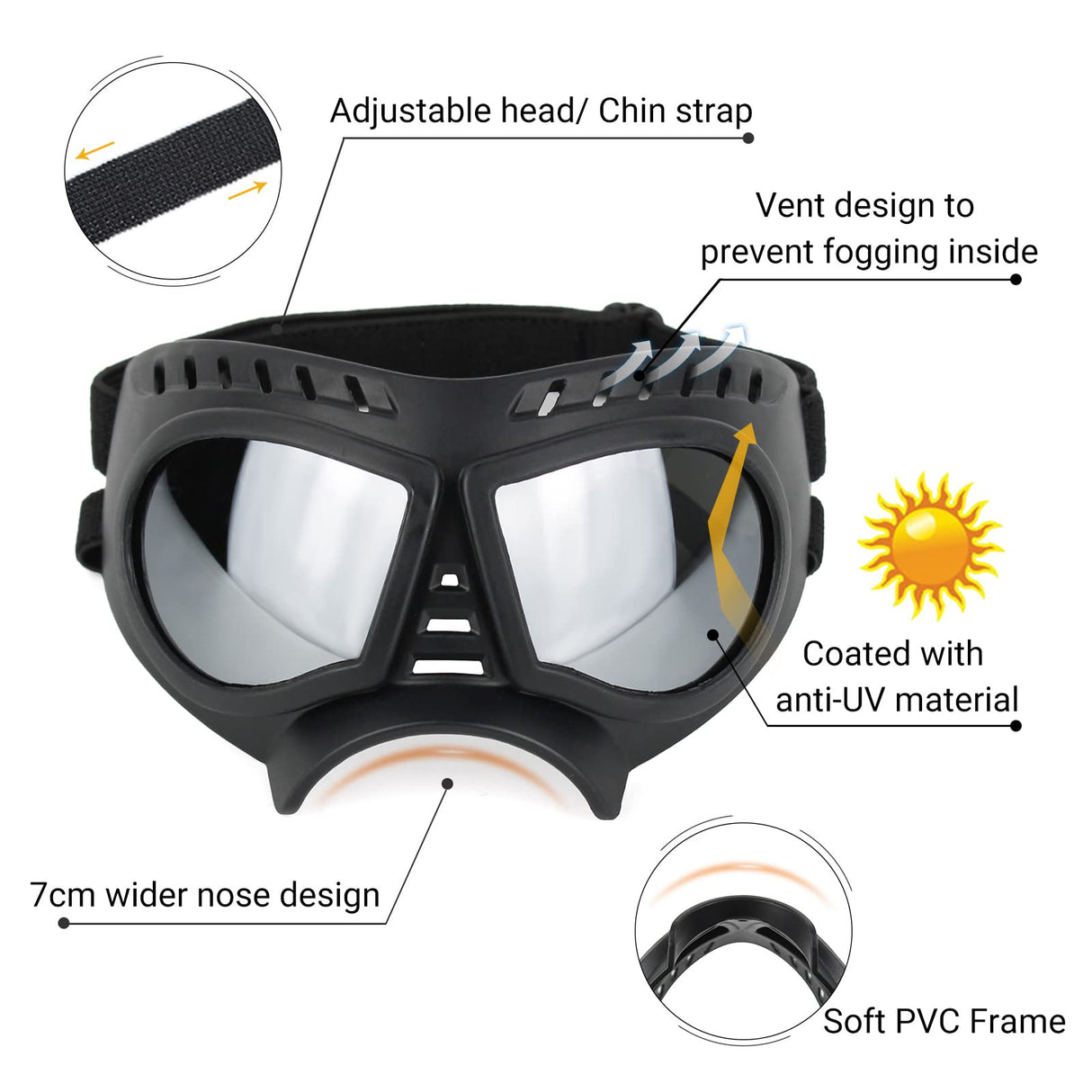 NAMSAN Dog Goggles Small Breed, UV-Protection Doggie Sunglasses for Small to Medium Dogs, Soft Doggy Eye Protection, Anti-Fog Anti-Dust Windproof Snowproof, Adjustable Straps, Lens Silver