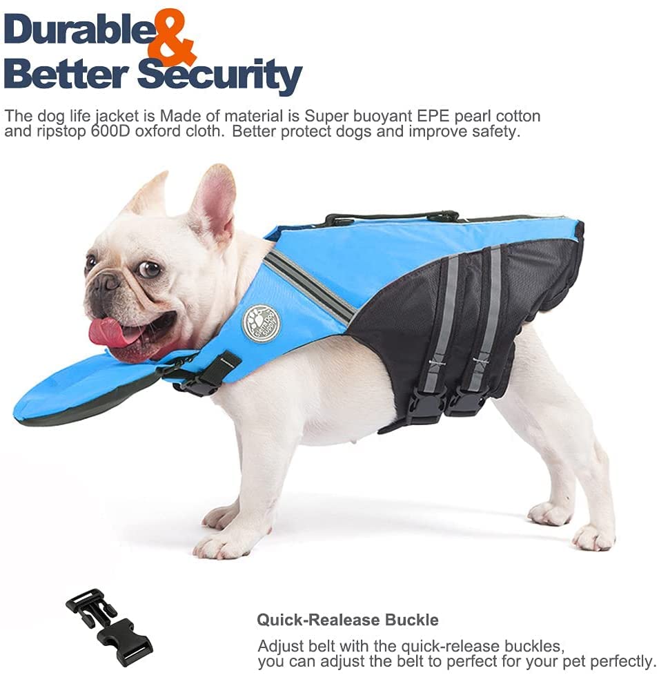 Petglad French Bulldog Life Jacket, Life Vest with Chin Float Rescue Handle for Corgi Pug, Adjustable High Visibility Flotation Swim Vest for Swimming Boating (Blue)