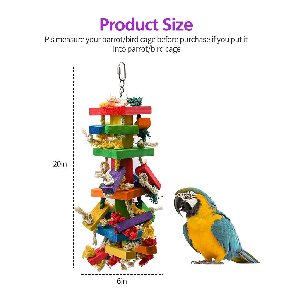 RUBY.Q Large Parrot Toy, 20in Bird Parrot Toy, Multicolored Natural Wooden Bird Chewing Toys for Large Macaws, African Grey and a Variety of Amazon Parrots