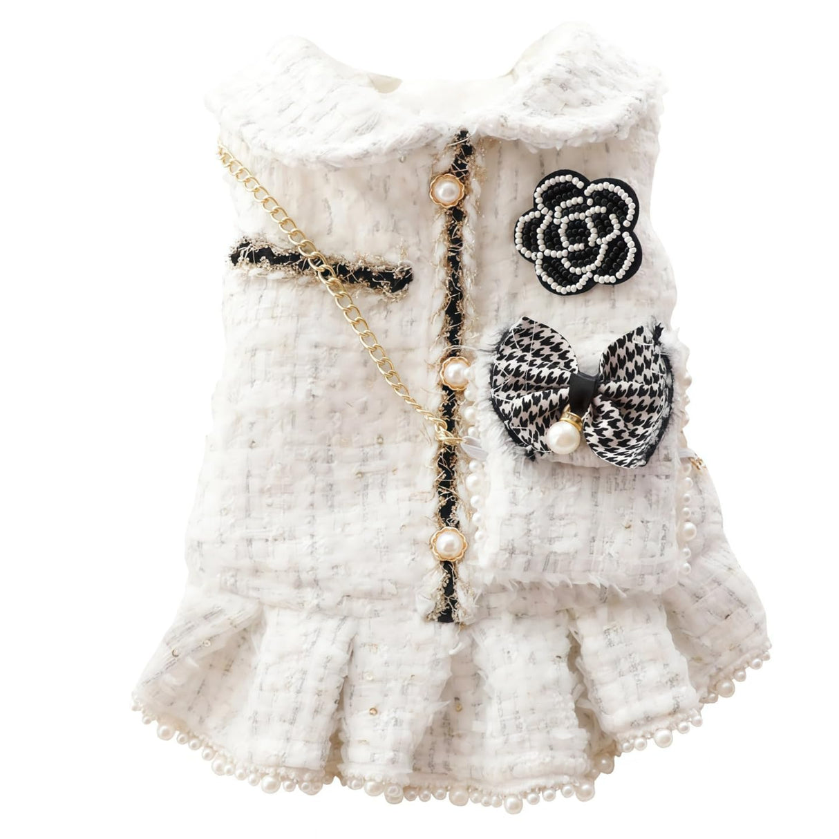 PalmPurr Fall Winter Small Dog Tweed Princess Dress White Pearl Design, Warm Fleece Dog Coat for Girls, Cute Puppy Clothes with Bow Flower, Luxury Chanel Style Pet Outfit for Cats & Dogs(White,L)