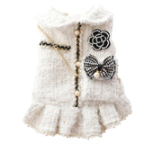 PalmPurr Fall Winter Small Dog Tweed Princess Dress White Pearl Design, Warm Fleece Dog Coat for Girls, Cute Puppy Clothes with Bow Flower, Luxury Chanel Style Pet Outfit for Cats & Dogs(White,L)
