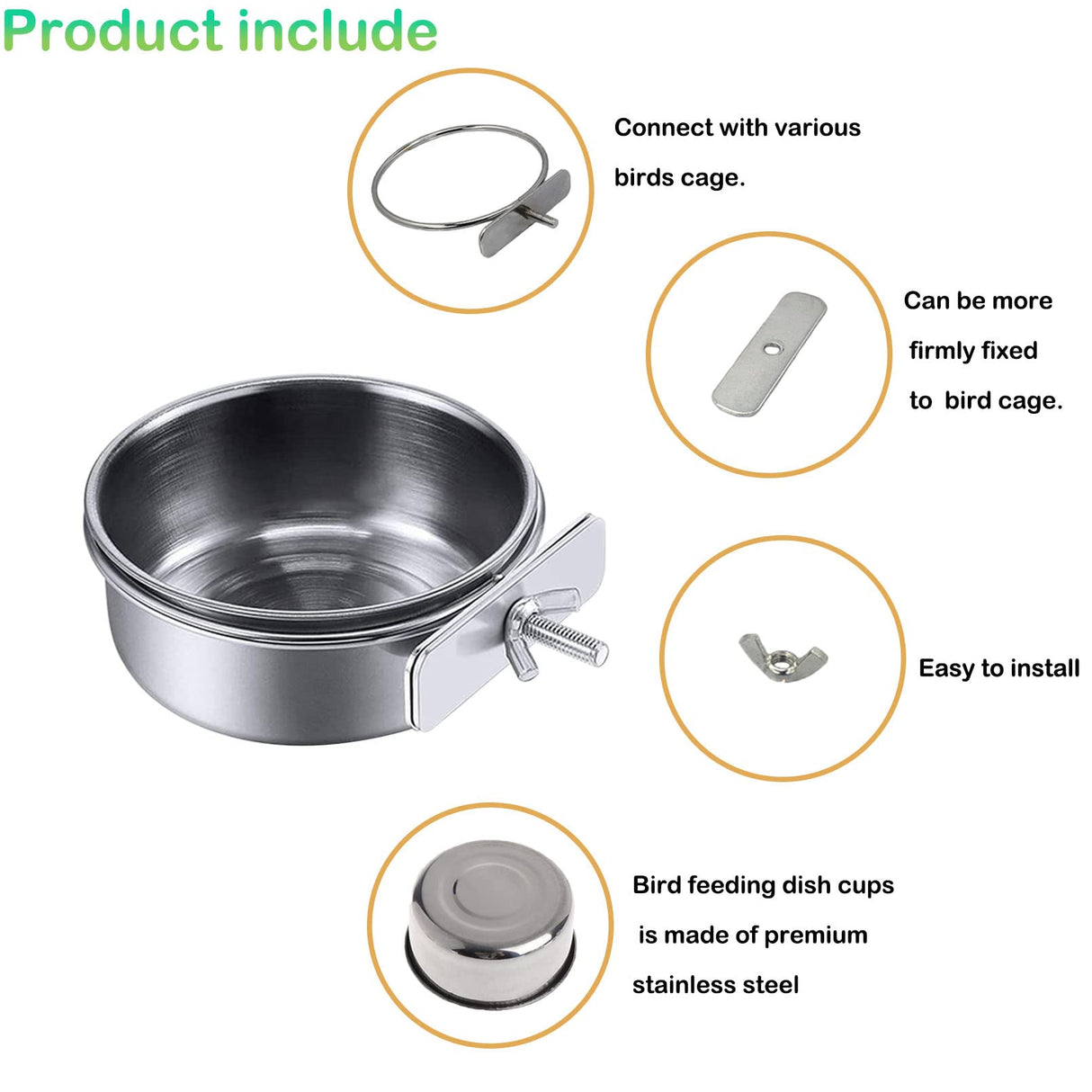 kathson Stainless Steel Bowls for Birds,4 Pcs Parrot Feeder Dish Cups,Bird Cage Water Food Bowl Coop Cup with Clamp Holder for Parrots Cockatiel Budgies Parakeet Lovebird(S)