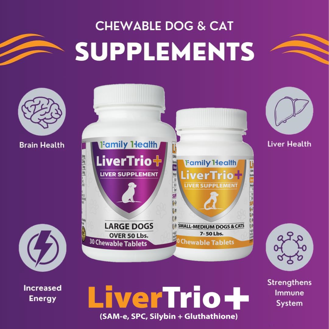 LiverTrio+ Comprehensive Liver Support Supplement for Smaller Dogs. Flavorful Chewable Tablets Combining Same, SPC, Silybin A+B, + Glutathione 30Ct (Small - Medium)