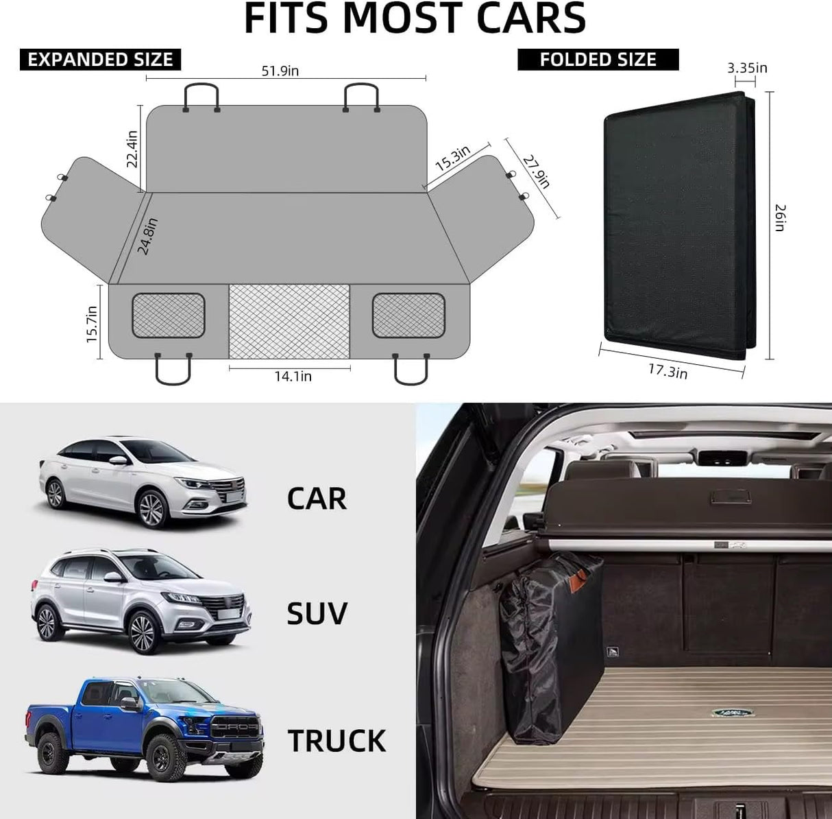 Waterproof Dog Car Back Seat Extender with Mesh Window – Large Pet Travel Bed & Backseat Bridge for SUVs, Trucks, Cars – Non-Slip, Foldable Seat Cover with Storage Pockets & 2 Dog Seat Belts (Grey)