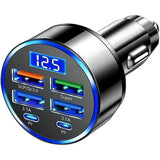 USB C Car Charger Adapter with Voltmeter Compatible with iPhone 16 15 14 13 12 11, Android, Samsung, Super+ QC3.0 6 in 1 Multi-Port Super Fast Charging Cigarette Lighter USB Charger