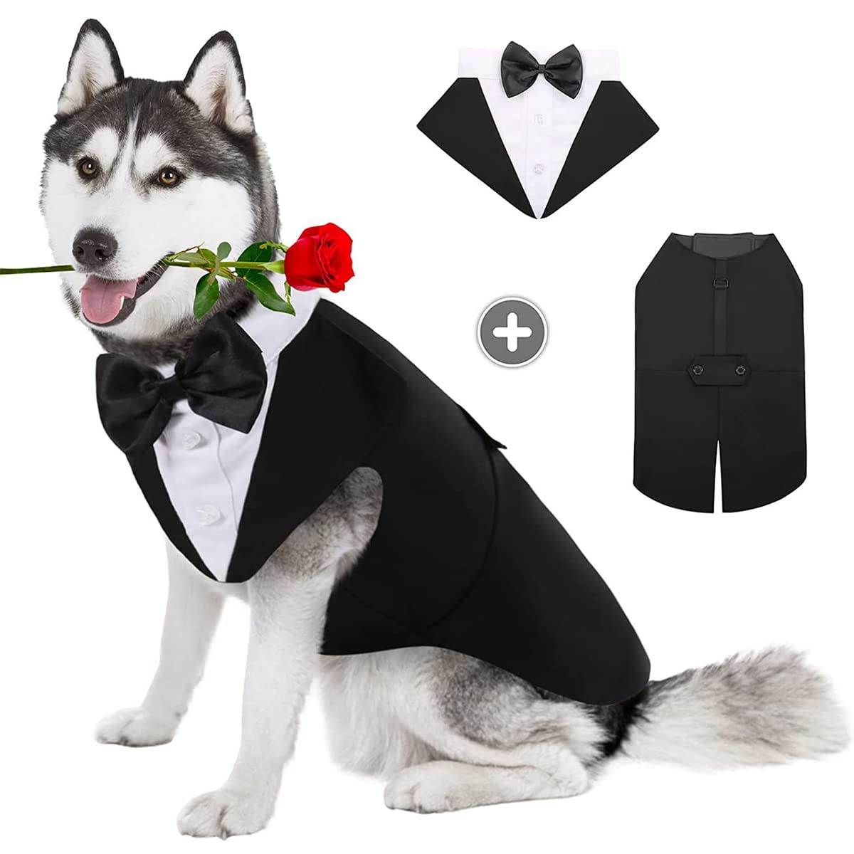 Tuxedo & Bandana Set, 2 Pack Pet Costume: Puppy Formal Party Suit - Dog Clothes for Small, Medium & Large Dogs - Prince Bow Tie Shirt - Wedding Attire for Golden Retriever & Samoyed (S)
