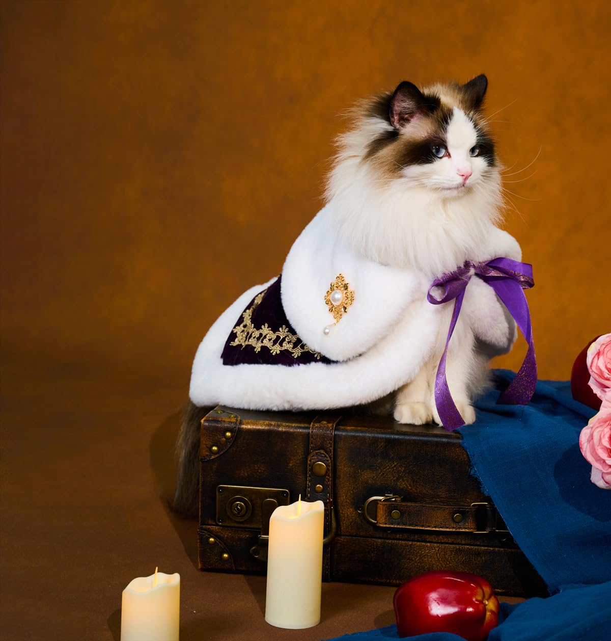 Lovelyshop pet Serial Royal Coronation Style White Faux Fur Pet Cape for Halloween Costumes, King Queen Prince and Princess Cosplay-XSmall