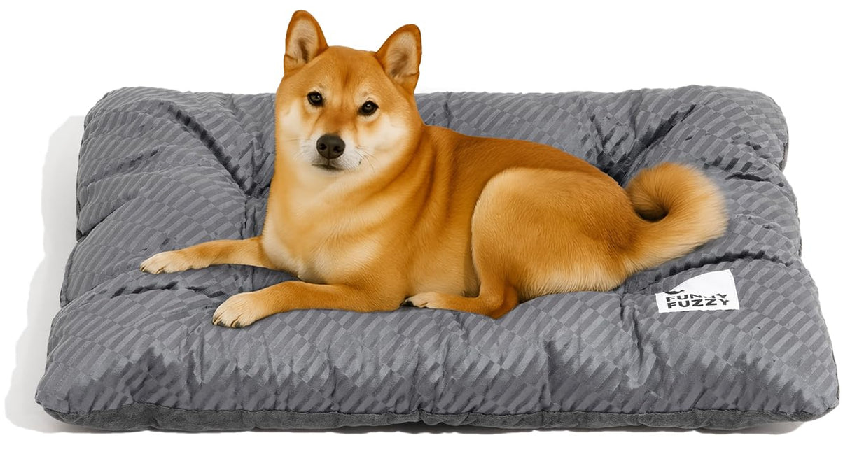 FUNNY FUZZY Washable Dog Crate Pad 35.4x22.8, Double-Sided Cooling Linen & Sherpa, Flat Crate Mat/Kennel Pad, Rectangle Dog Bed for Medium/Large Dogs & Cats, Charcoal Grey