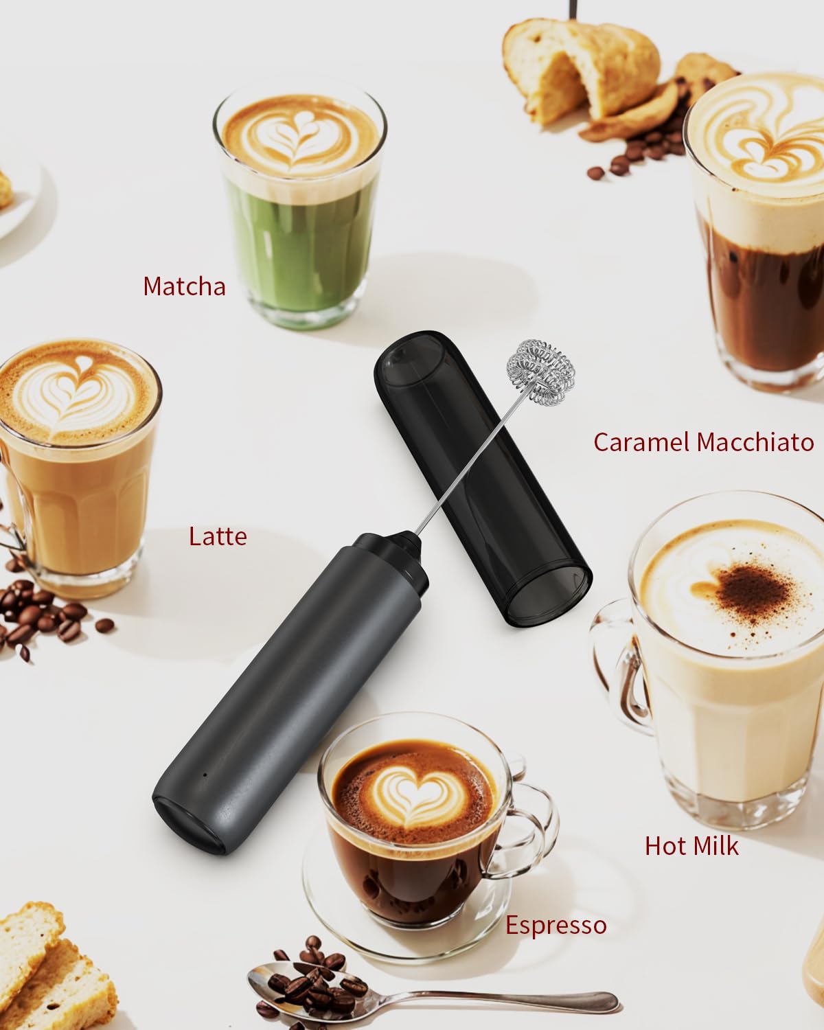 Rechargeable Milk Frother Hanheld, Dual Coil Whisk Head Electric Coffee Frother, Portable Hand Frother Wand Drink Mixer for Matcha Lattes Cappuccino, Kitchen Gifts, Black