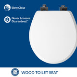 Mayfair Bennett Toilet Seat with Matte Black Hinges, Slow Close Wood Seat, Secure Metal Hinges, Easy Install, Made in USA, Round, White
