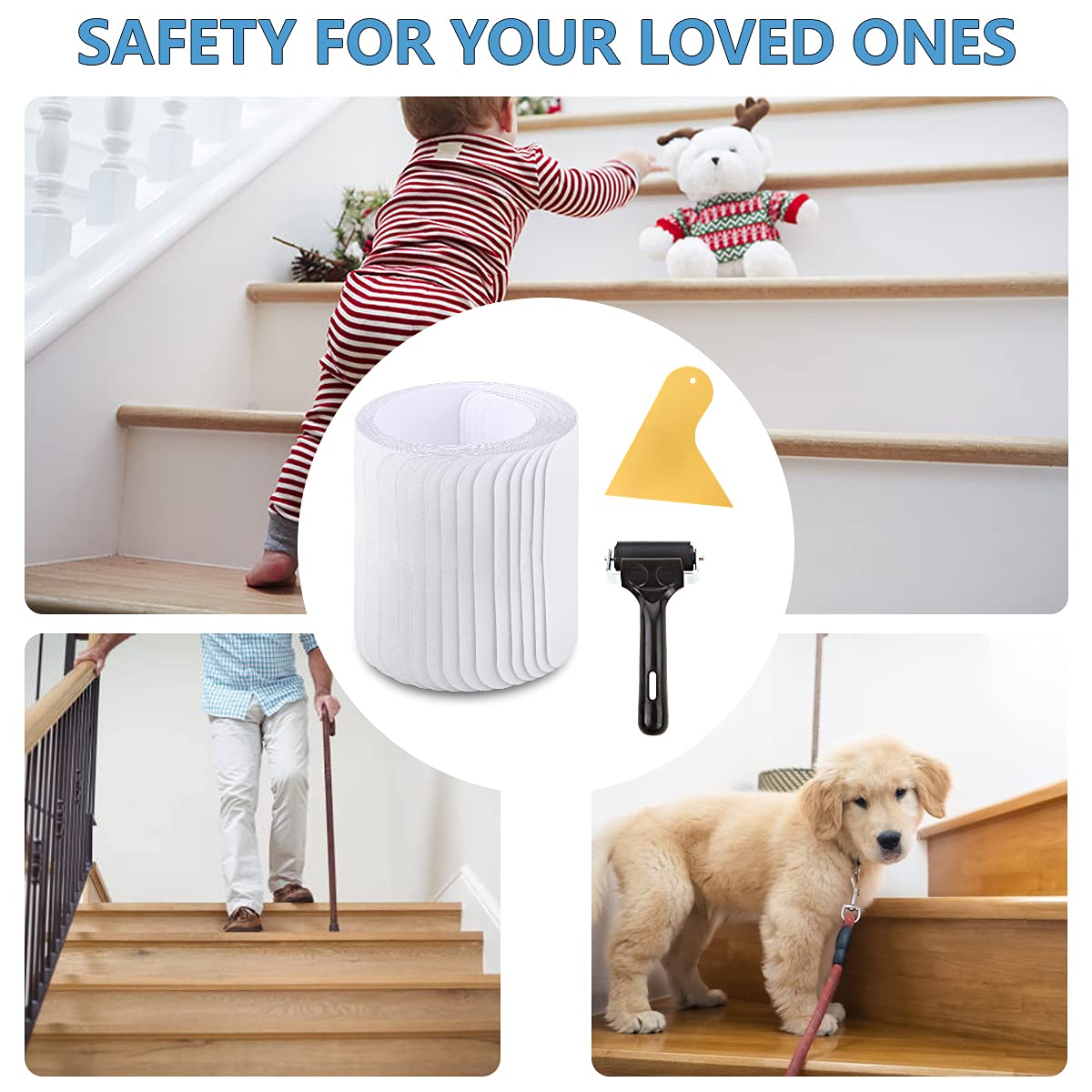 Butizone Stair Treads Non Slip 6" x 30", 18-Pack Pre-Cut Clear Anti Slip Strips for Wooden Steps Indoor, Transparent and Waterproof Grip Tape, Safety for Elderly, Children, and Dogs