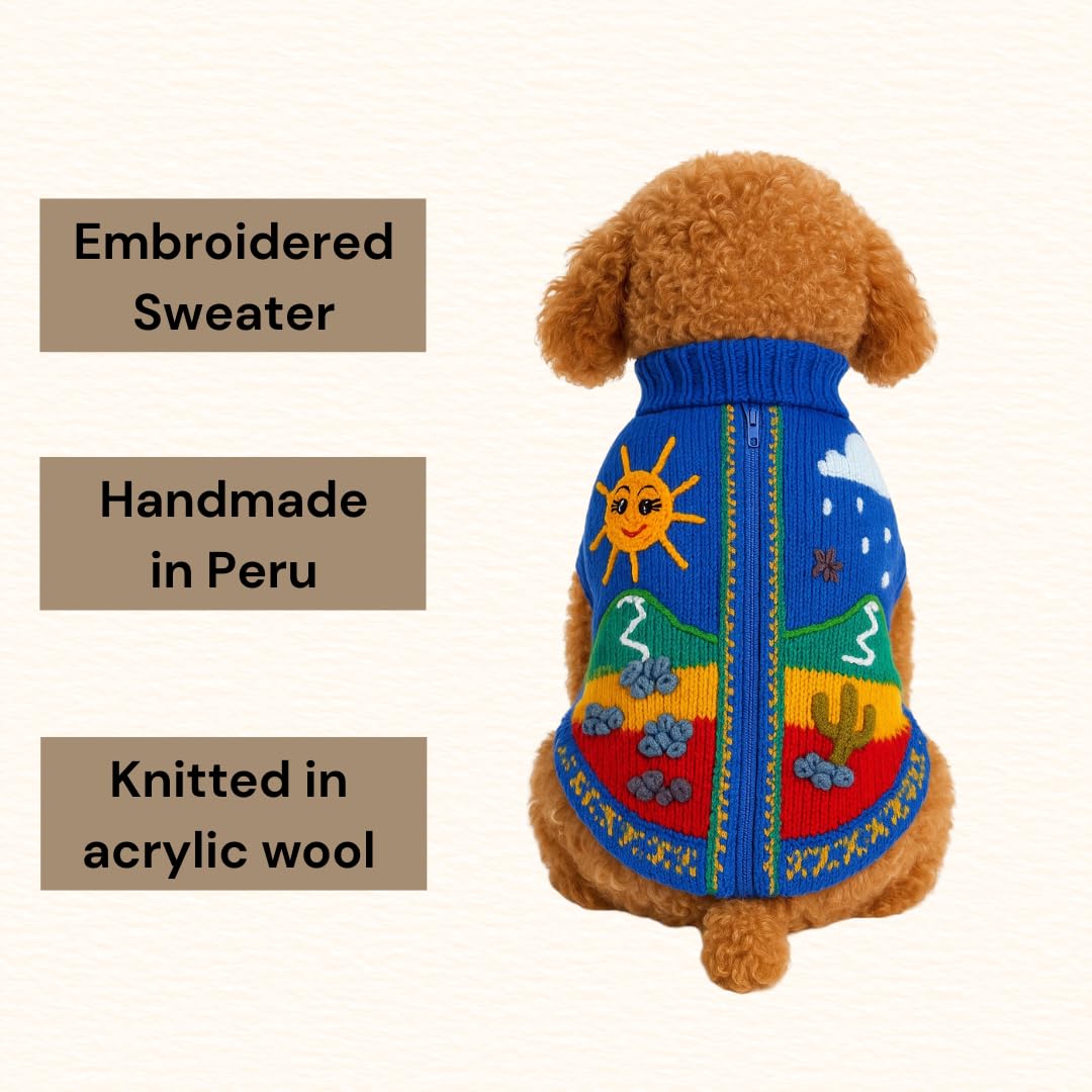 Zoeartcrafts Peruvian Wool Knitted Sweater for Dogs, Small dog embroidered jacket, puppy winter sweater, cozy warm sweater for cats (Blue, Size 2)