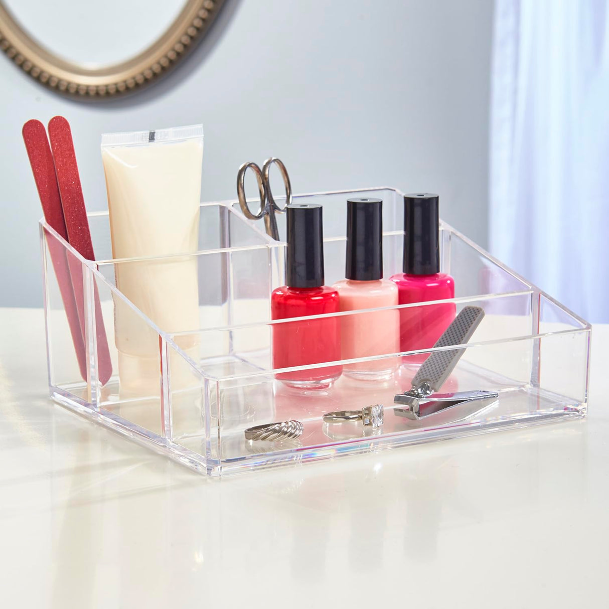 Clear Plastic Small Countertop Vanity Makeup Organizer, Compact Rectangular 4-Compartment Holder for Brushes, Eyeshadow Palettes, & Beauty Supplies, Made in USA