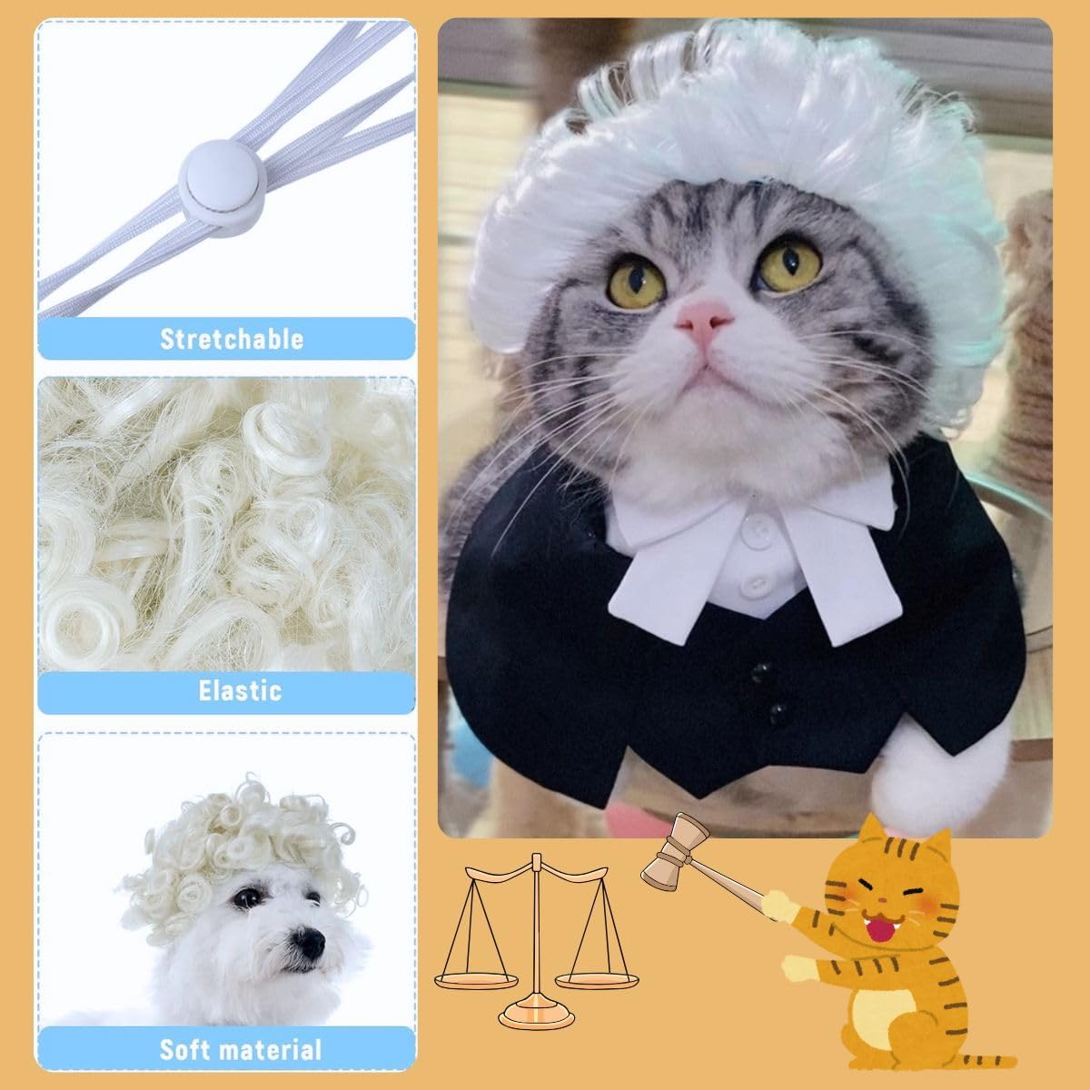 Cat Lawyer Costume Accessories - Adjustable Bow Tie Collar & White Judge Wig for Cats Small Dogs, Courtroom Cosplay for Easter Halloween Parties (Large,Wig)