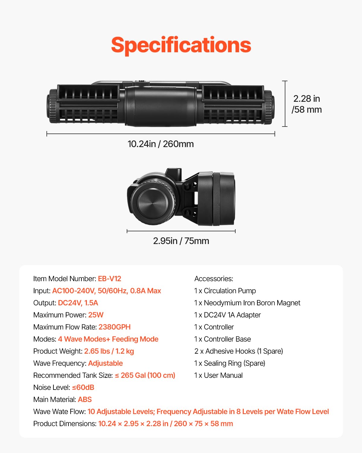 VEVOR Aquarium Wave Maker, 25W, 2380 GPH Adjustable Cross Flow Pump with Controller, Magnetic DC 24V Aquarium Powerhead, Strong Magnetic Base, 360° Rotating Wavemaker, for Saltwater Marine Freshwater