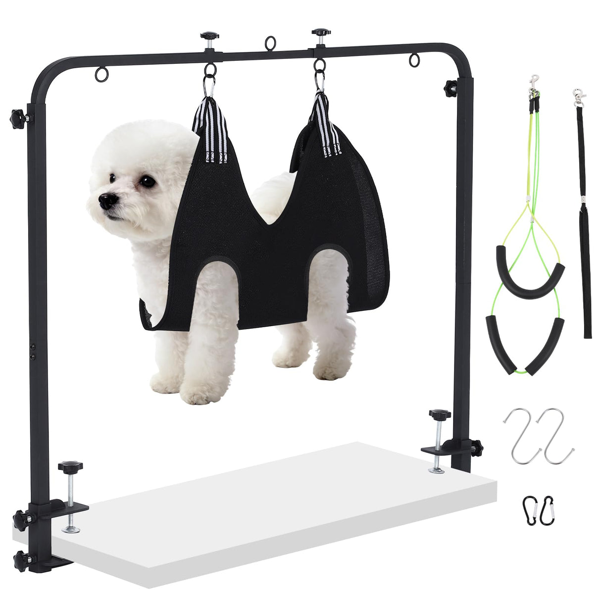 PEAYLI Adjustable Dog Grooming Arm for Table, [ 1 or 2 Arms Use] Dog Grooming Hammock for Home Use, Nail Trimming & Drying Hammock & 2 No-Sit Nooses